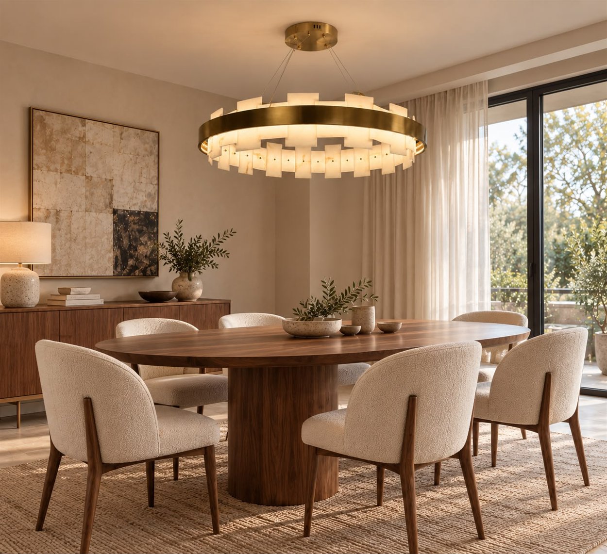 Illuminated alabaster ring chandelier over a dining table