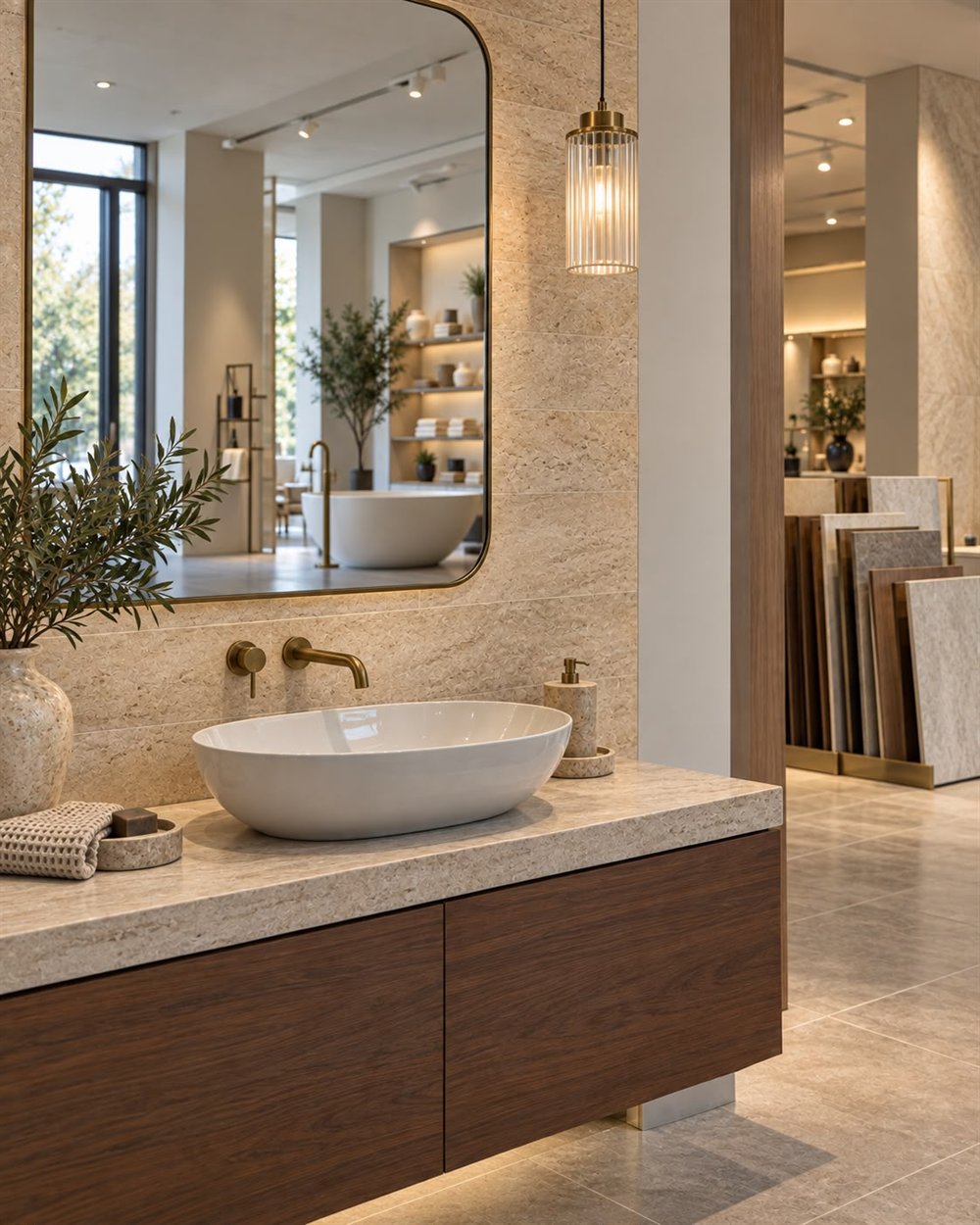 A vanity in the showroom with a stone benchtop, white basin and brushed brass tapware
